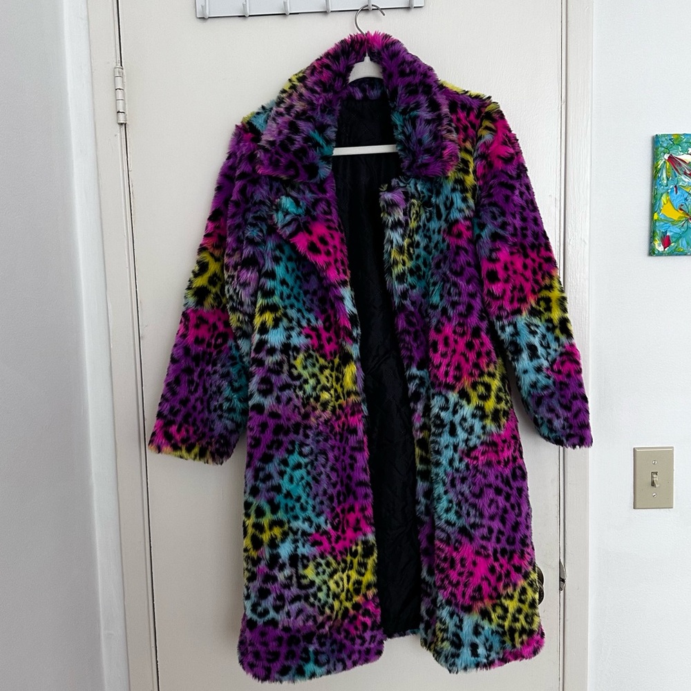 Rainbow Cheetah Faux Fur Coat Jacket